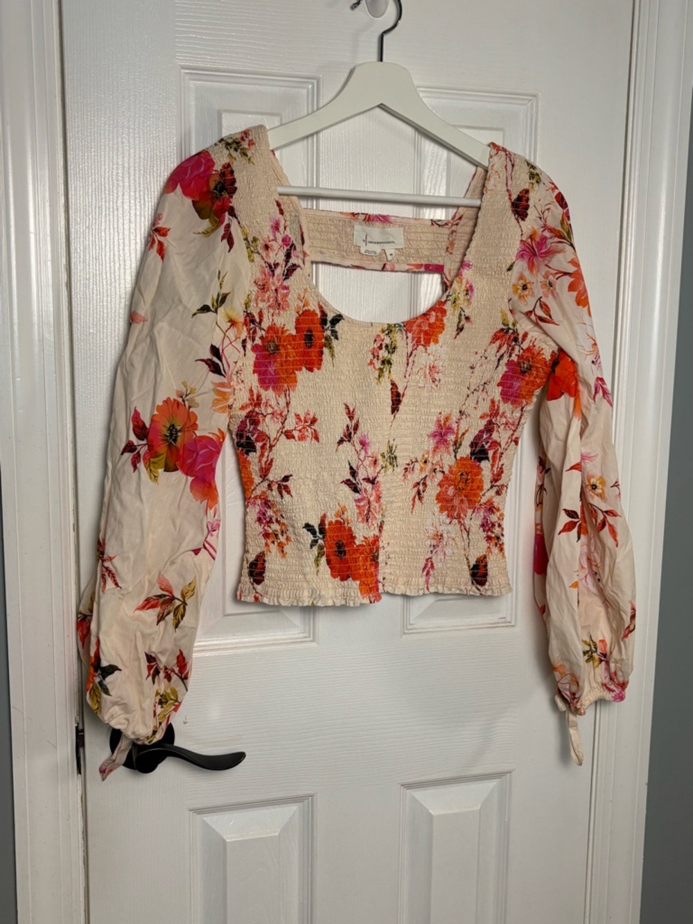 Anthropologie Cream Floral Smocked Square-Neck Blouse with Orange & Pink Flowers